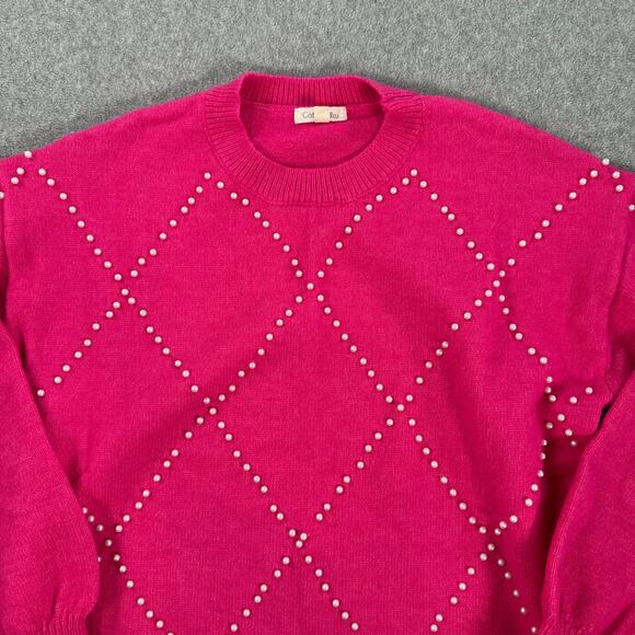Cotton Bleu Pink Pearl Argyle Sweater Women's Small Crew Neck Pullover Preppy - Picture 3 of 9